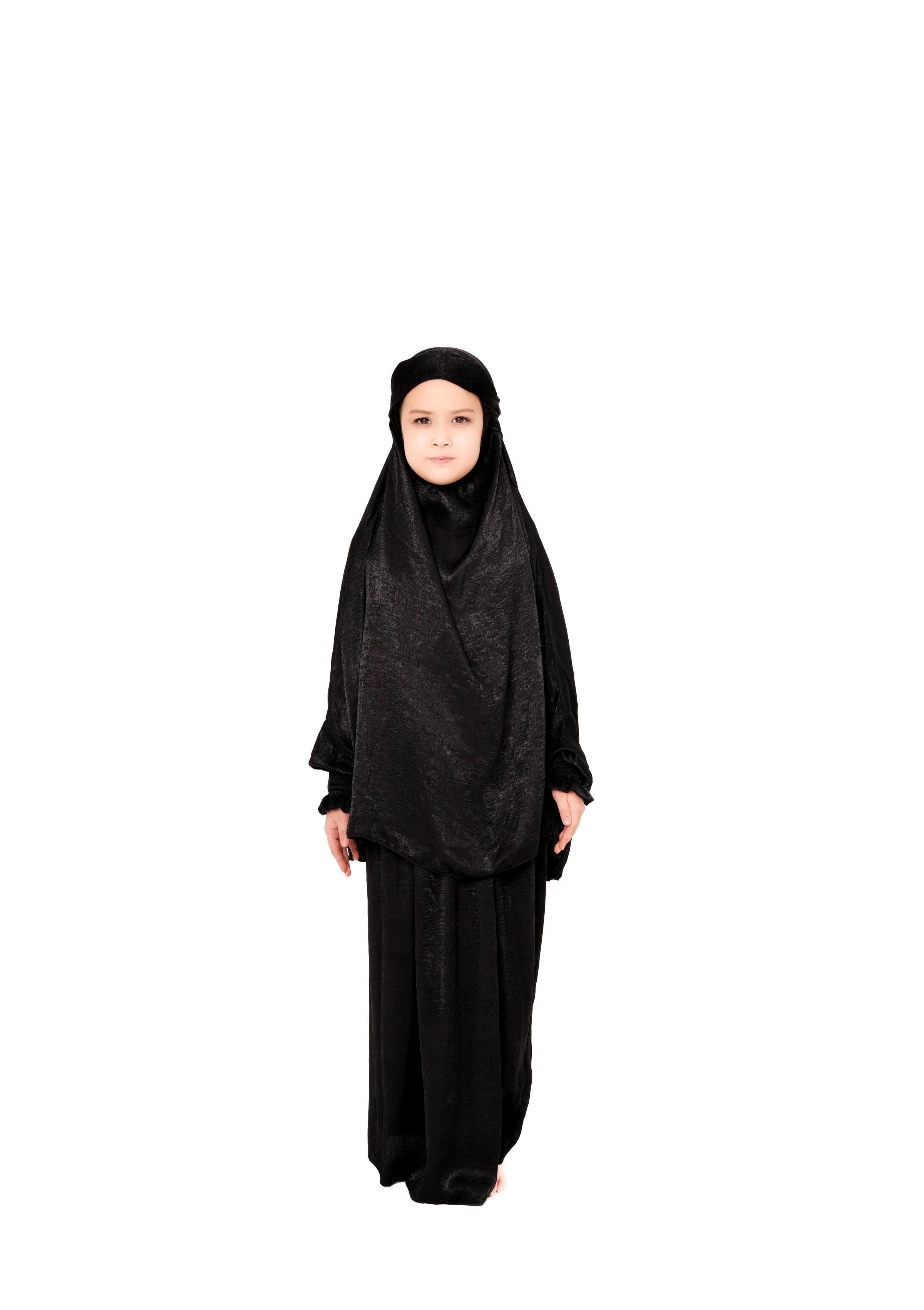 Mini Jilbab Dress for Girls Black Velvet 2-Piece Prayer Set TheModestcompany Mini Jilbab Dress for Girls Black Velvet 2-Piece Prayer Set TheModestcompany