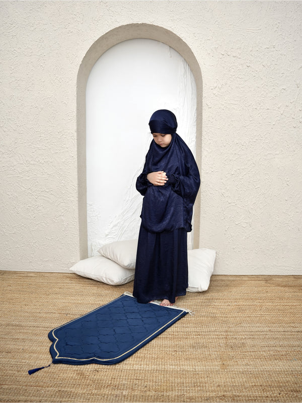 Kid Prayer Dress set + Velvet Prayer Mat - Blue Navy