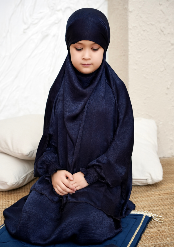 Kid Prayer Dress set + Velvet Prayer Mat - Blue Navy