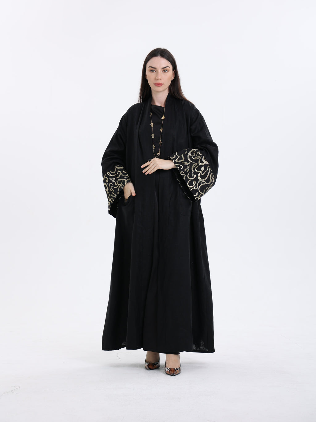 Diwani Abaya - Luxe Linen with Calligraphy Embroidery - Black