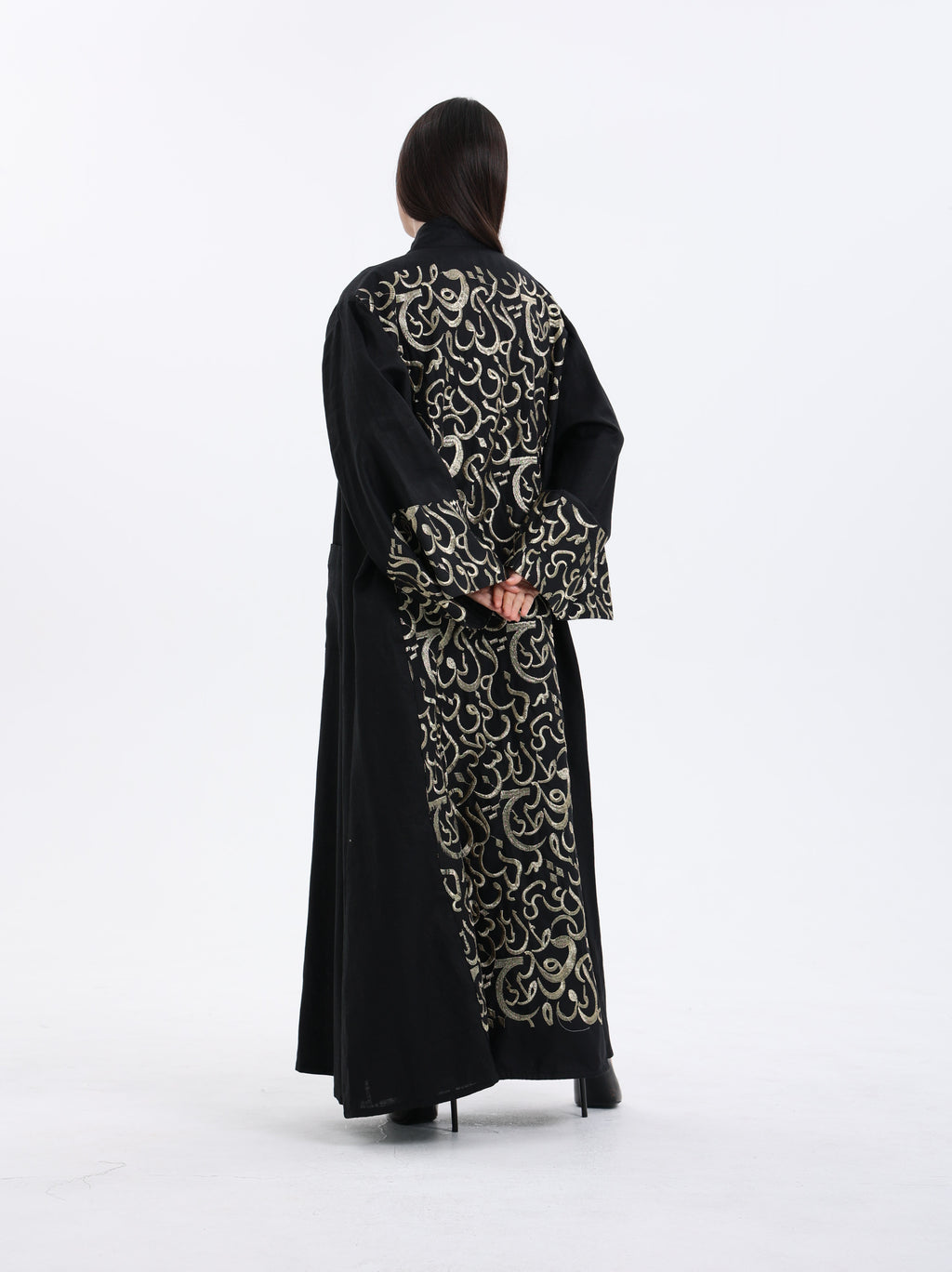 Diwani Abaya - Luxe Linen with Calligraphy Embroidery - Black