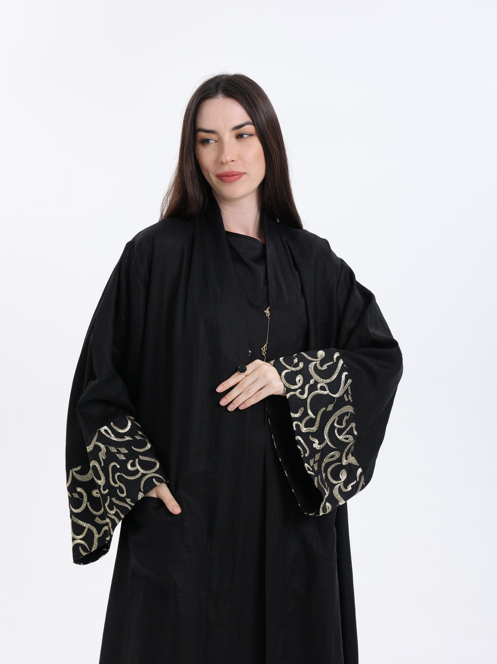 Diwani Abaya - Luxe Linen with Calligraphy Embroidery - Black