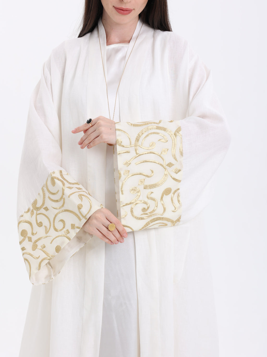 Diwani Abaya - Luxe Linen with Calligraphy Embroidery - White