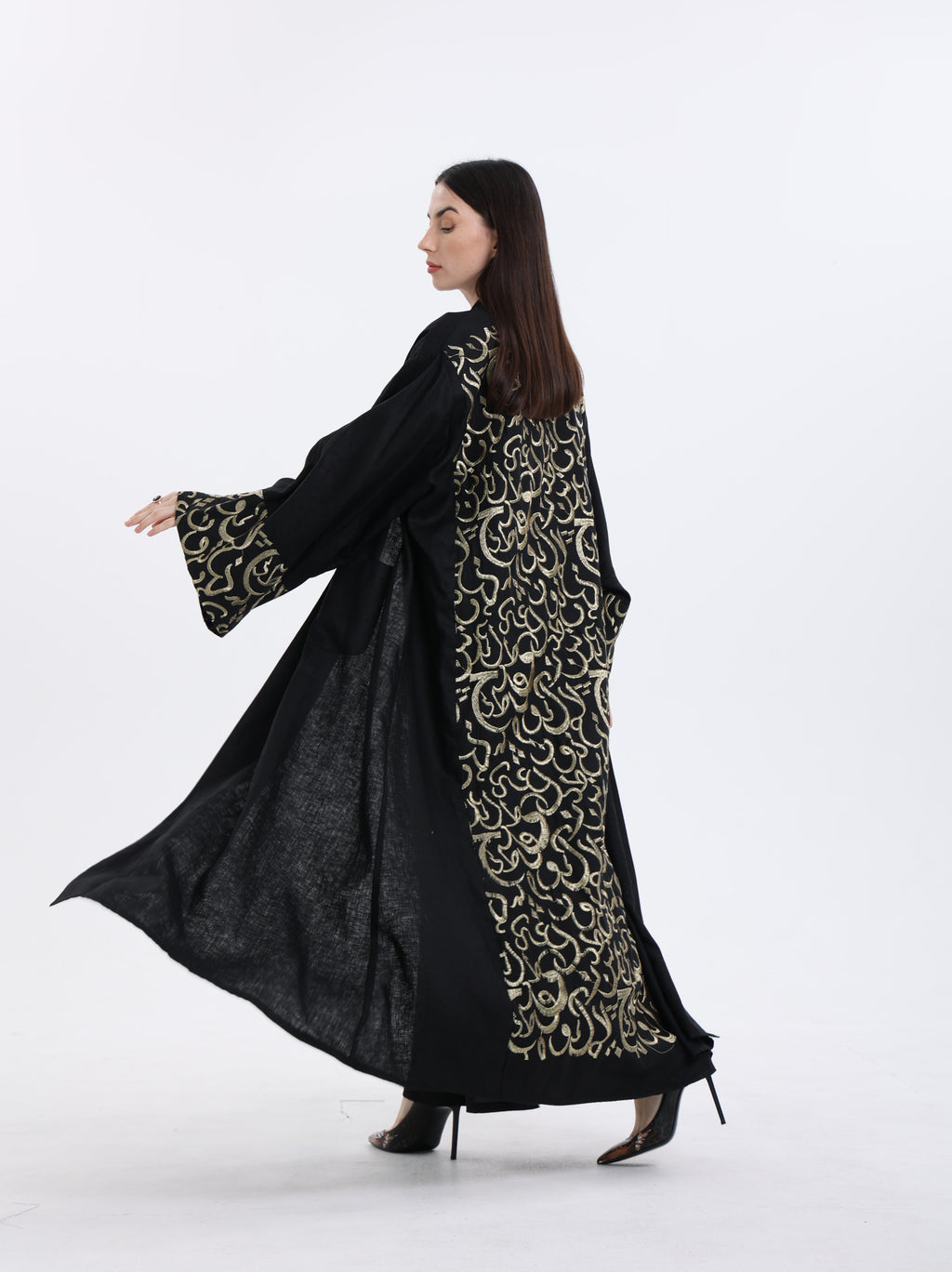 Diwani Abaya - Luxe Linen with Calligraphy Embroidery - Black