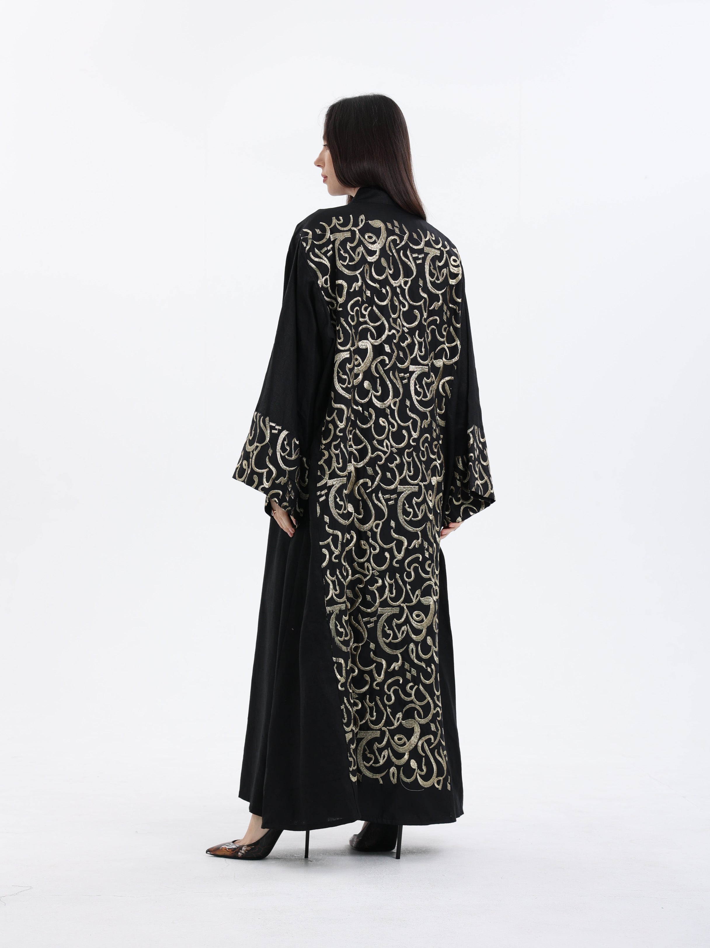 Diwani Abaya - Luxe Linen with Calligraphy Embroidery - Black