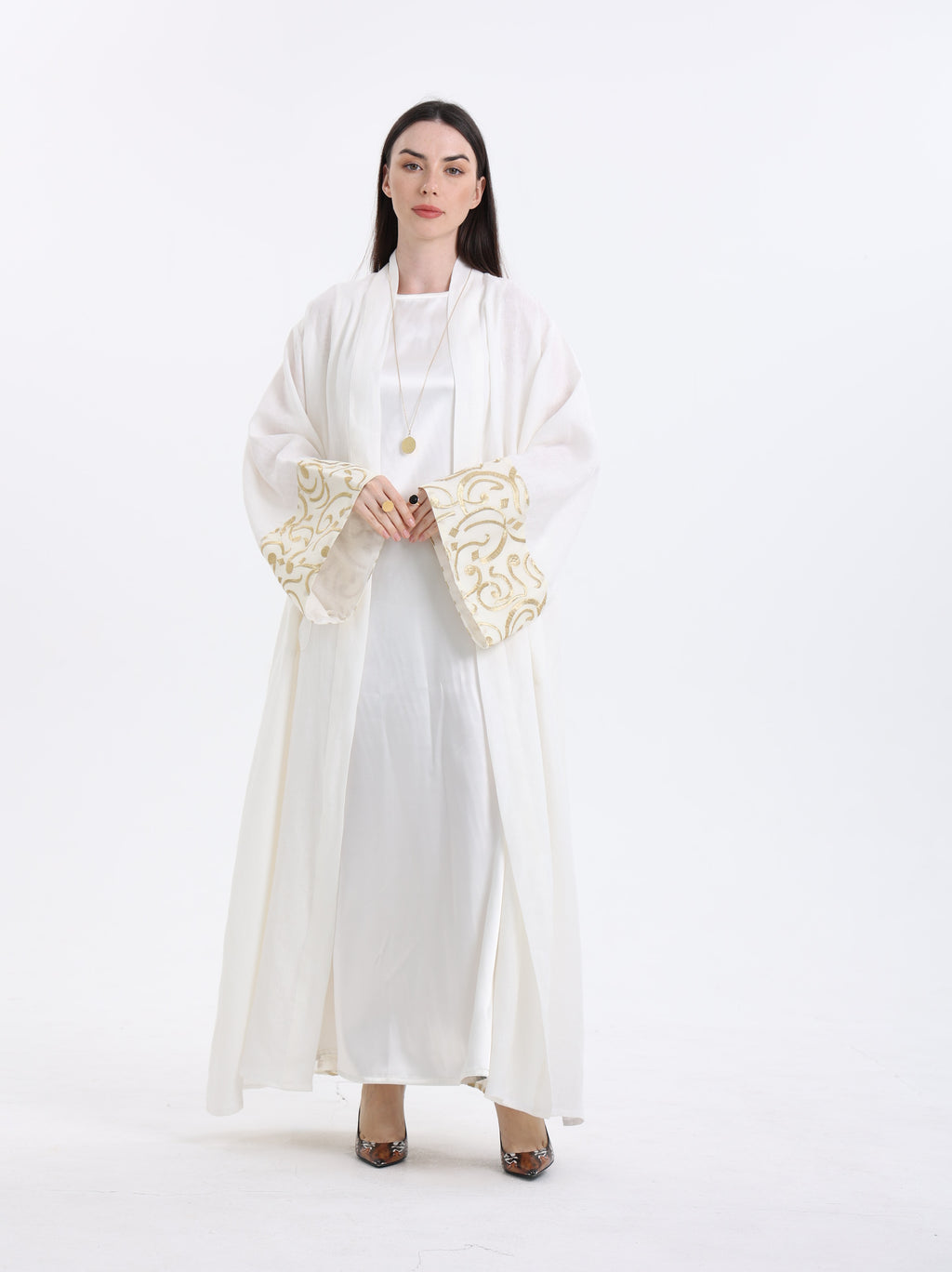 Diwani Abaya - Luxe Linen with Calligraphy Embroidery - White