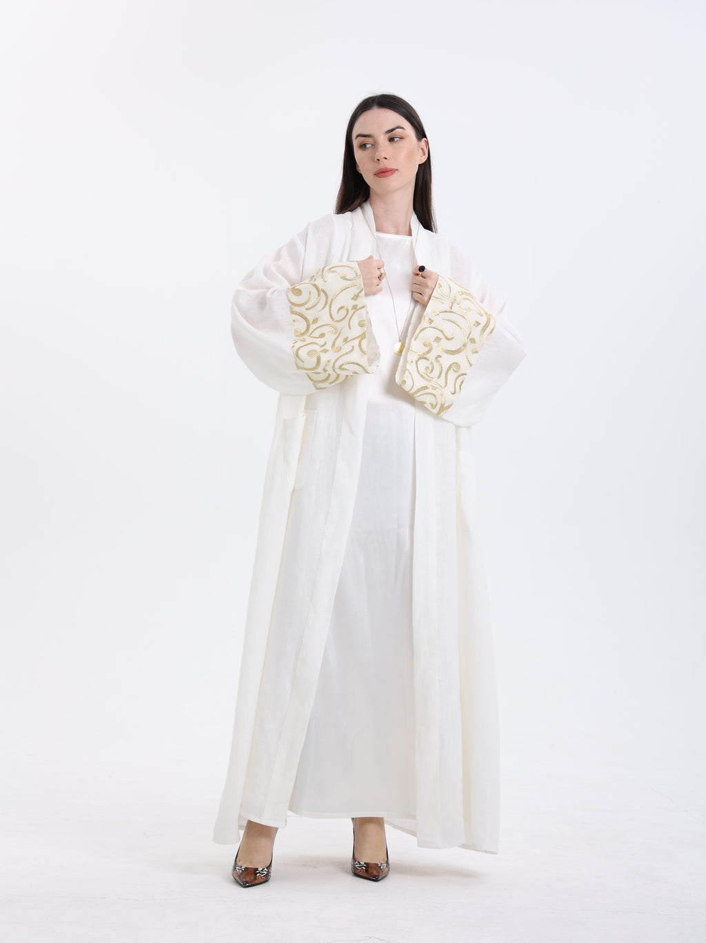 Diwani Abaya - Luxe Linen with Calligraphy Embroidery - White